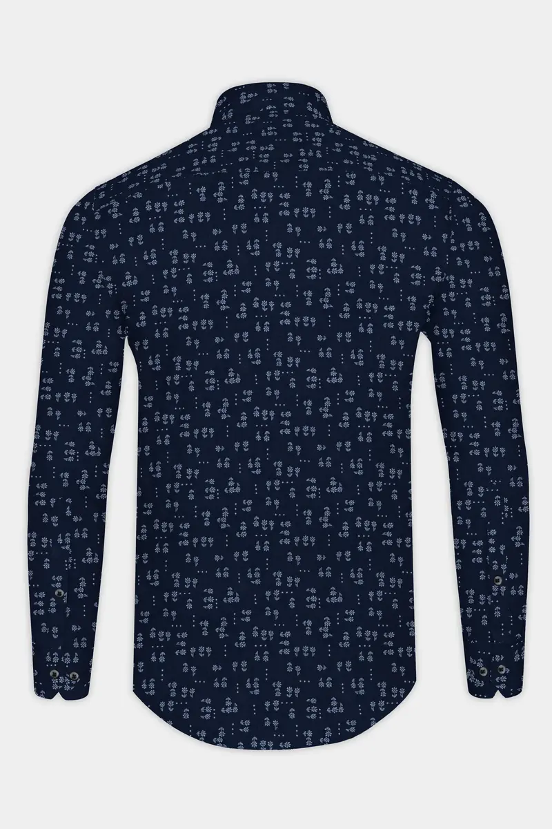 Vulcan Blue Flower Printed Poplin Giza Cotton Shirt 5