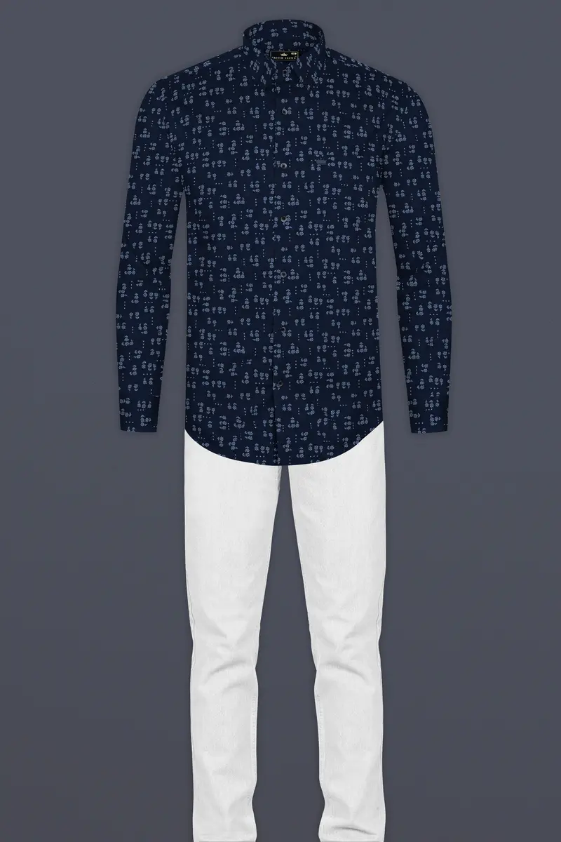 Vulcan Blue Flower Printed Poplin Giza Cotton Shirt 6