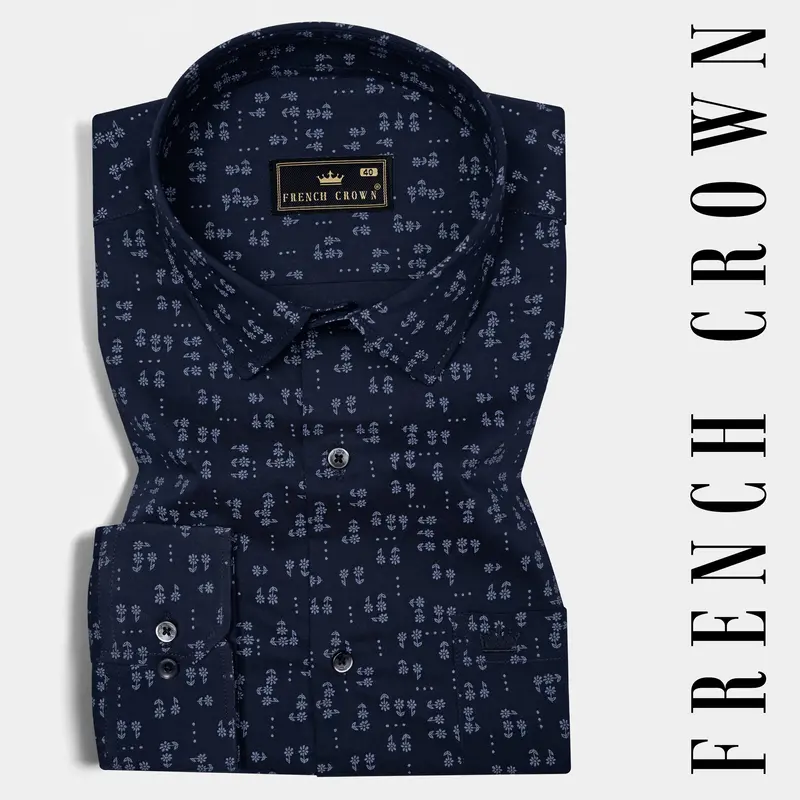 Vulcan Blue Flower Printed Poplin Giza Cotton Shirt 7