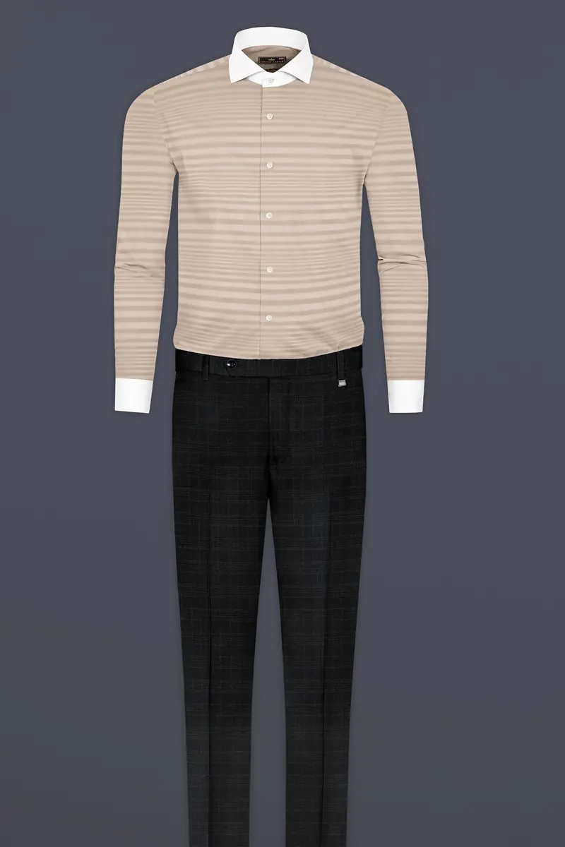 Wafer Cream Striped Dobby Textured Premium Cotton Shirt 7