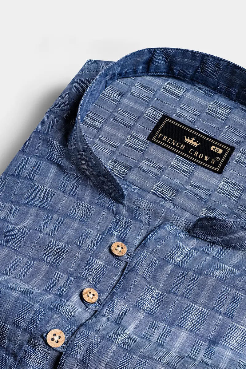 Waikawa Blue And Casper Gray Dobby Textured Premium Giza Cotton Kurta Shirt 4