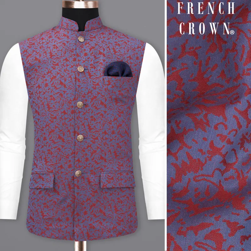 Waikawa Blue With Sanguine Red Jacquard Textured Designer Nehru Jacket 1