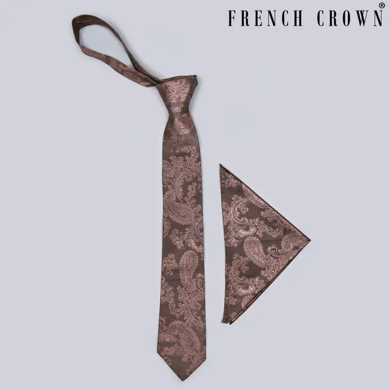 Walnut Brown Paisley Jacquard Tie With Free Pocket Square 1