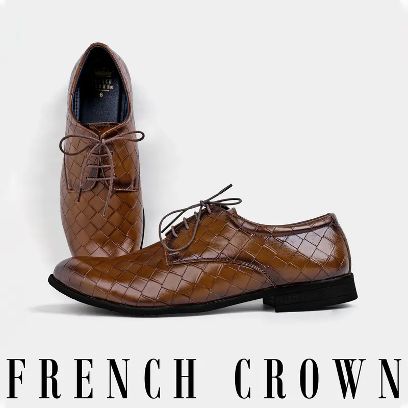 Walnut Brown Weave Textured Vegan Leather Derby Shoes 1