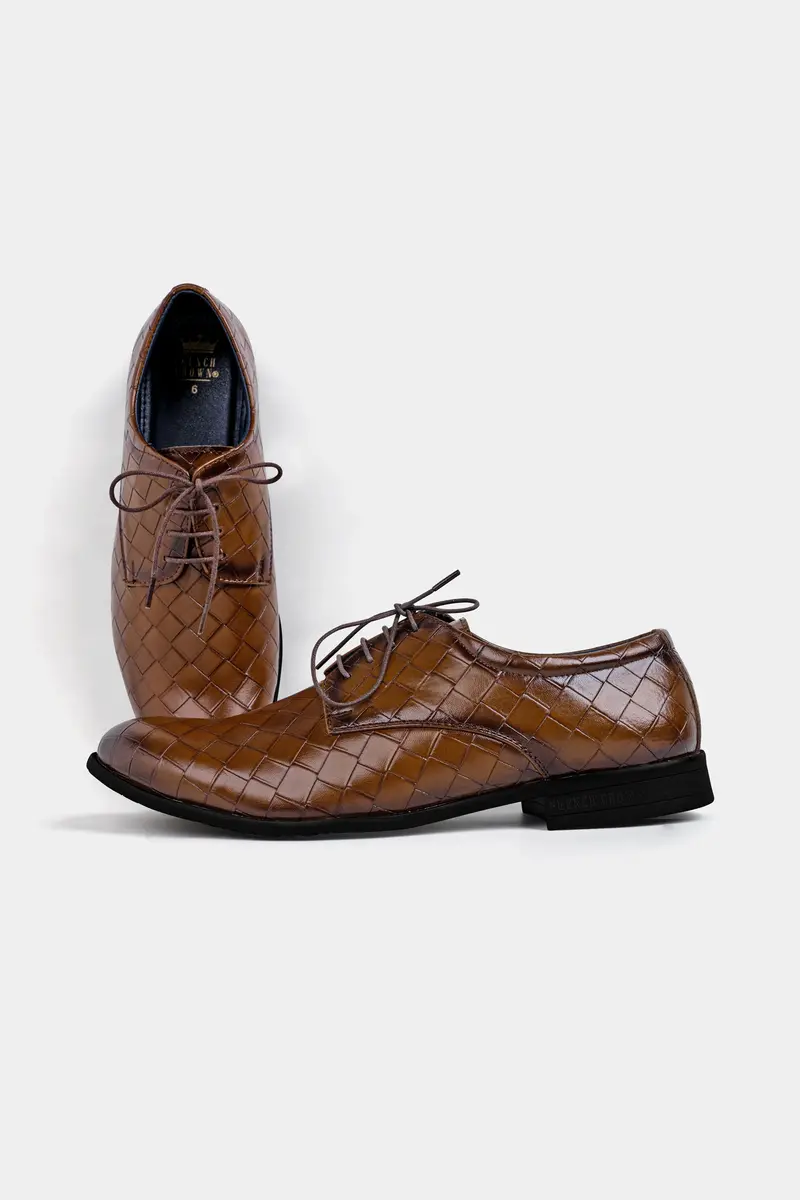 Walnut Brown Weave Textured Vegan Leather Derby Shoes 2