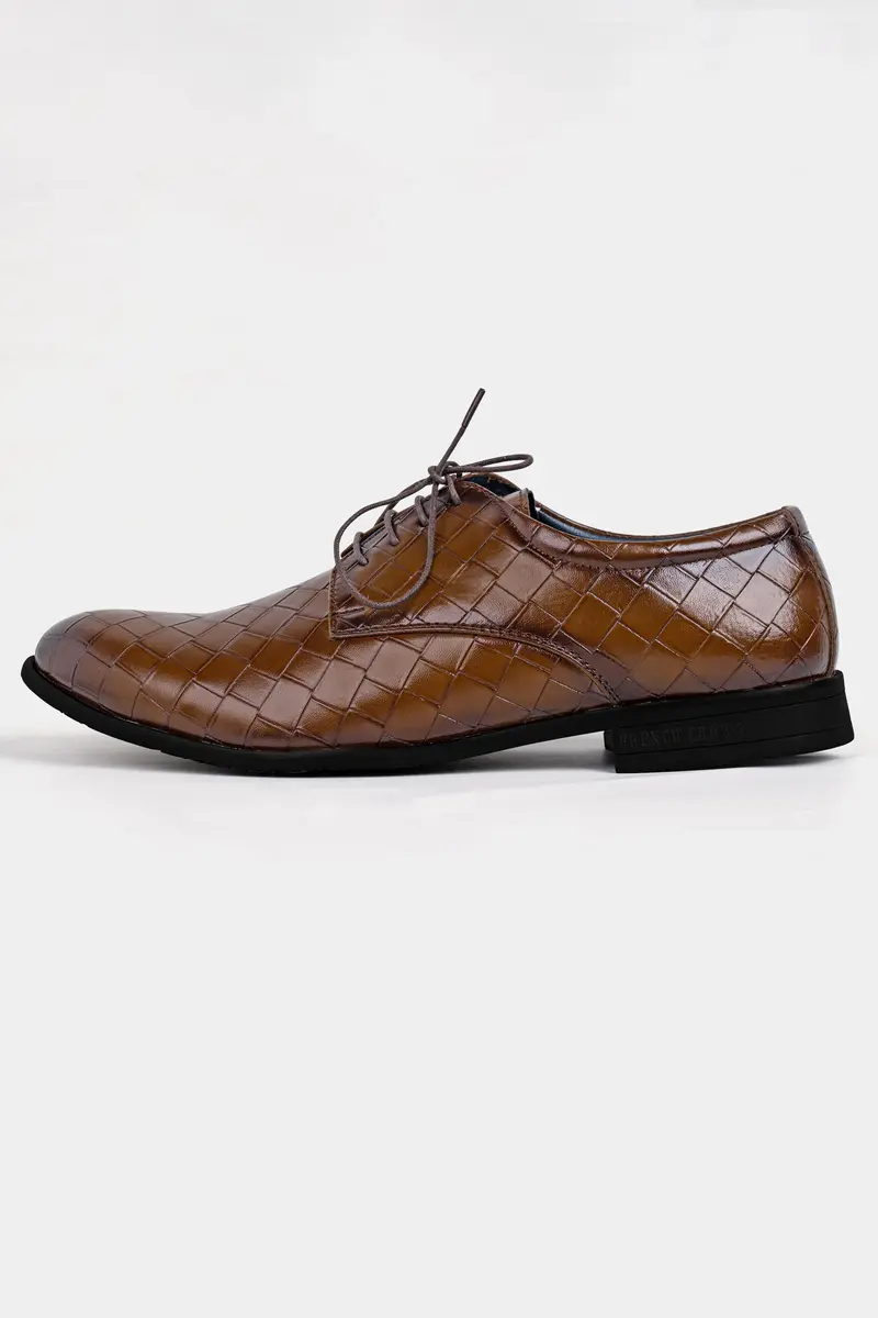 Walnut Brown Weave Textured Vegan Leather Derby Shoes 3