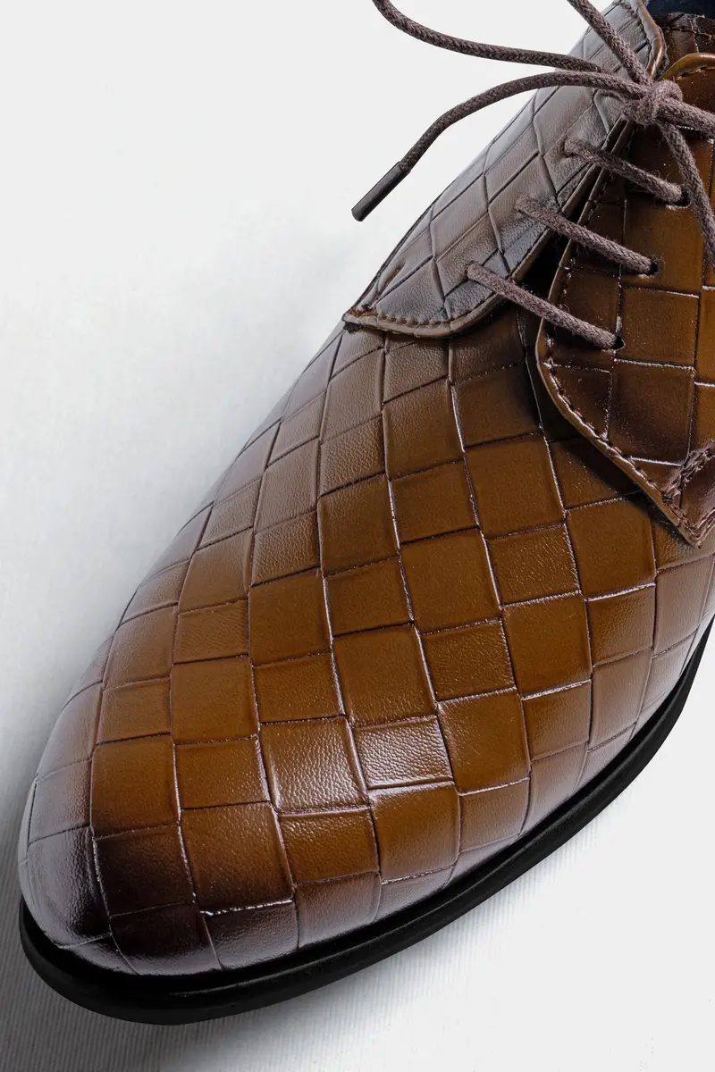 Walnut Brown Weave Textured Vegan Leather Derby Shoes 4
