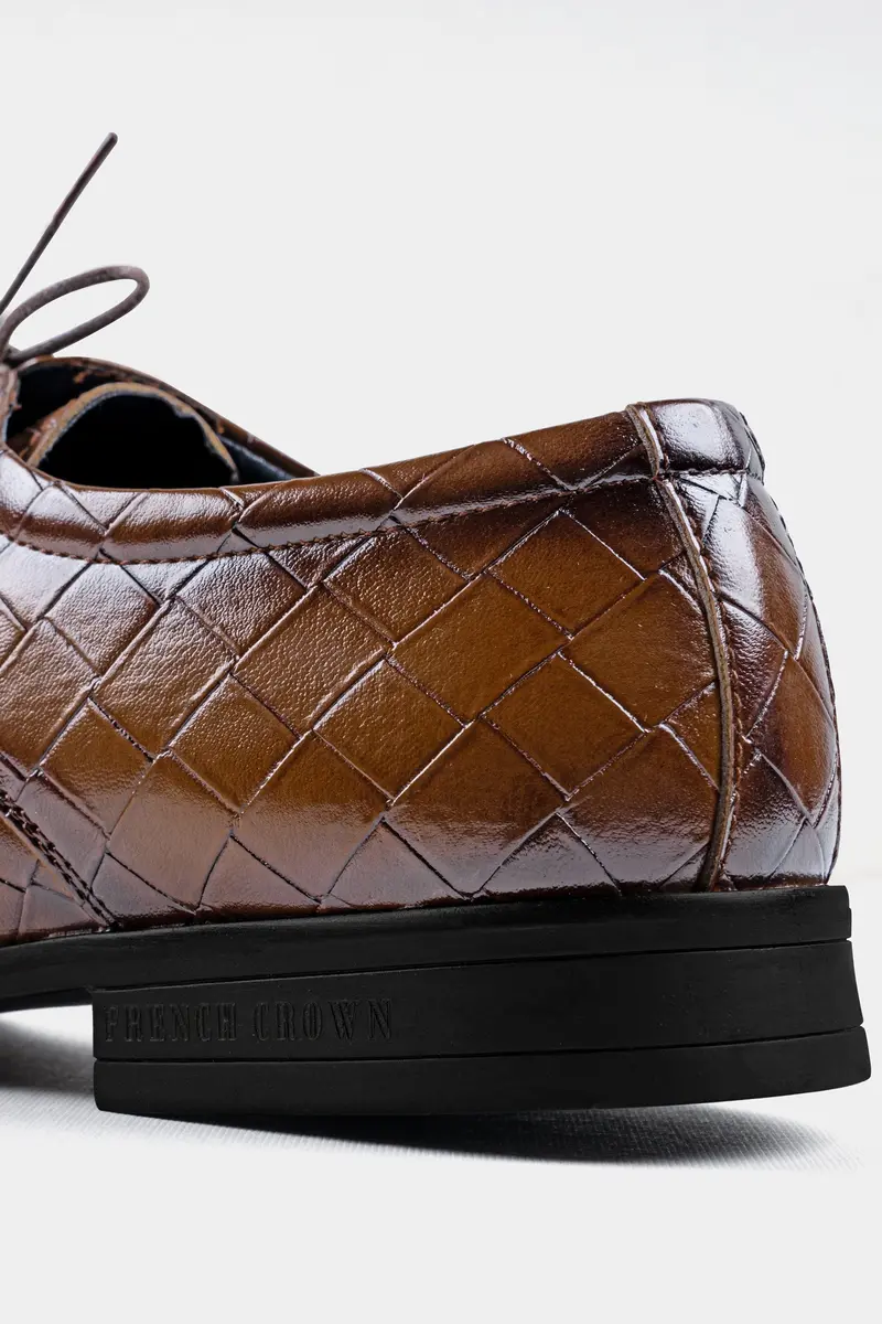 Walnut Brown Weave Textured Vegan Leather Derby Shoes 5