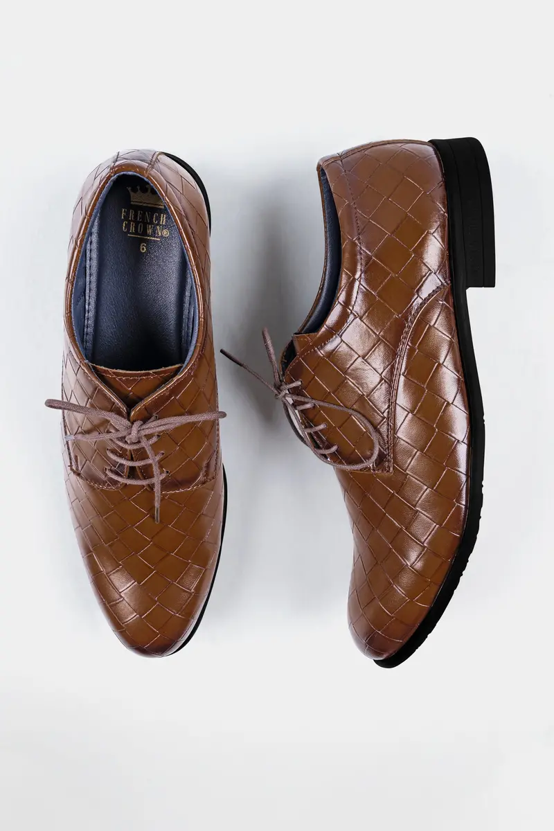 Walnut Brown Weave Textured Vegan Leather Derby Shoes 6