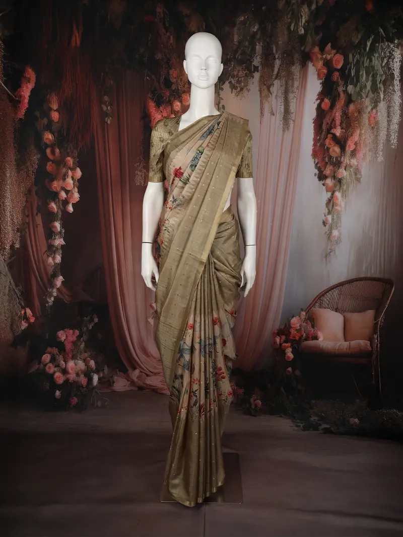 Warm Beige Floral Printed Design Tussar Saree With Small Zari Border 1
