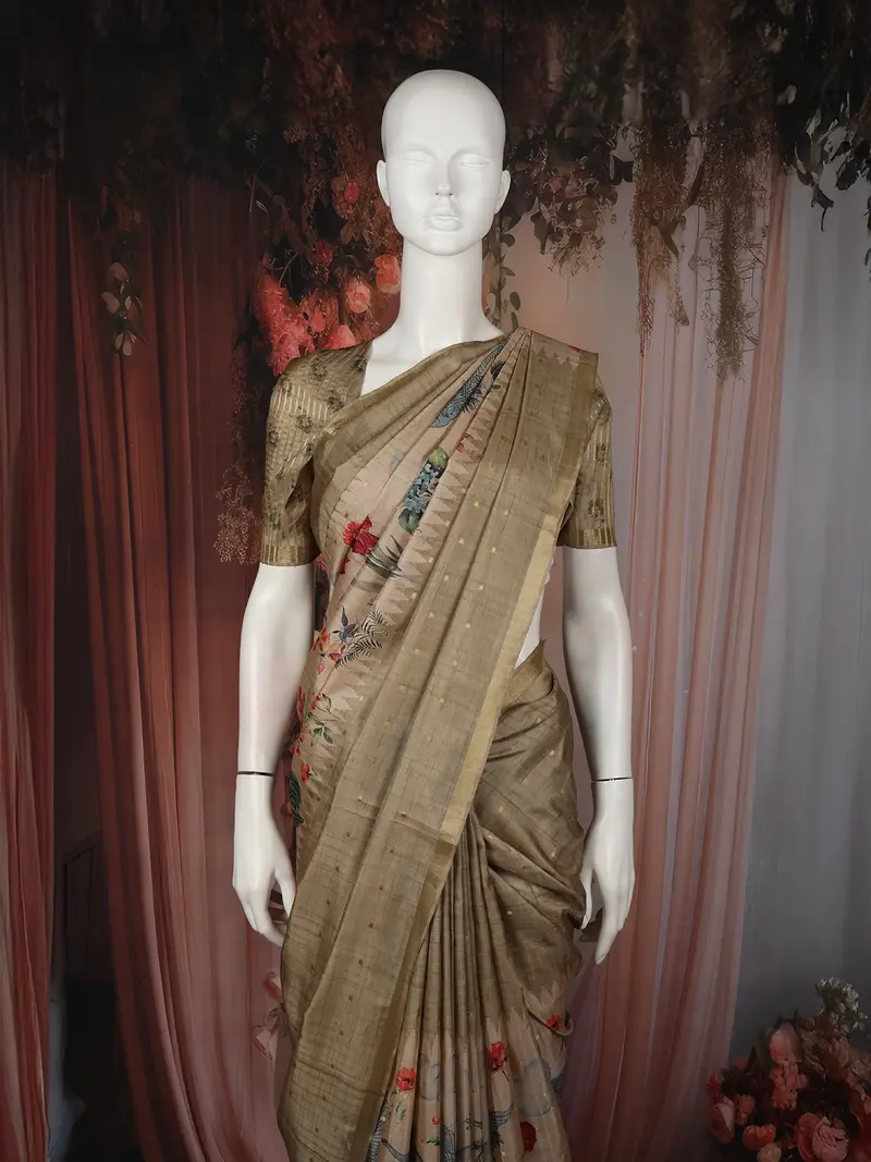 Warm Beige Floral Printed Design Tussar Saree With Small Zari Border 2