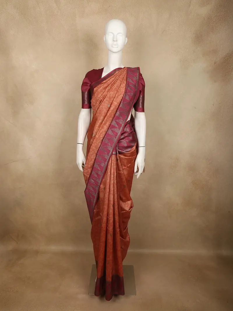 Warm Burnt Copper Orange Floral Printed Design Semi Tussar Saree With Contrast Border 1