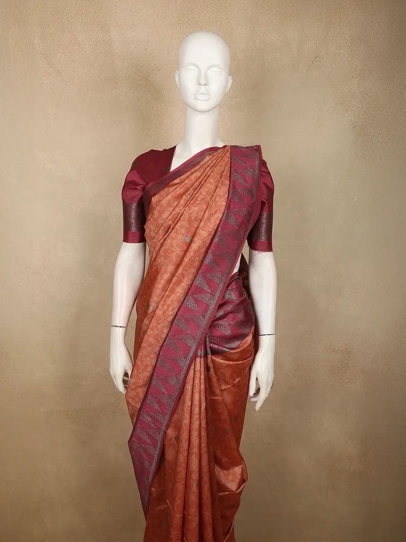 Warm Burnt Copper Orange Floral Printed Design Semi Tussar Saree With Contrast Border 2