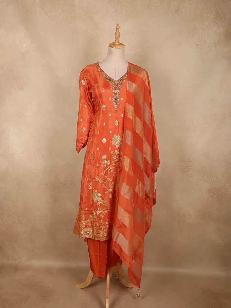 Warm Burnt Coral Orange Floral Zari Embroidered Design Crepe Silk Salwar Suit With Dupatta 1