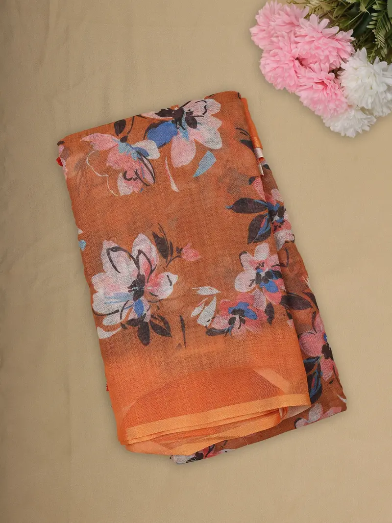 Warm Burnt Orange Floral Printed Design Linen Cotton Saree 1