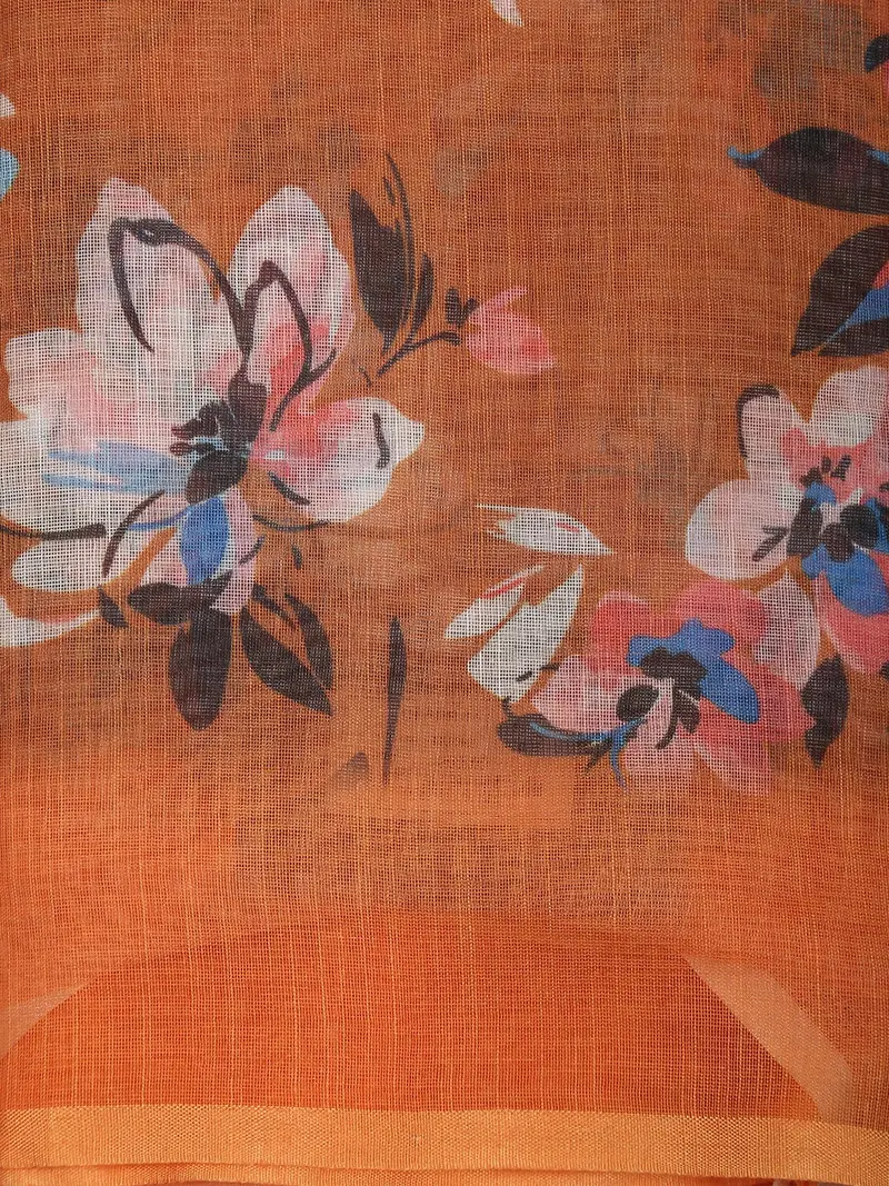 Warm Burnt Orange Floral Printed Design Linen Cotton Saree 2