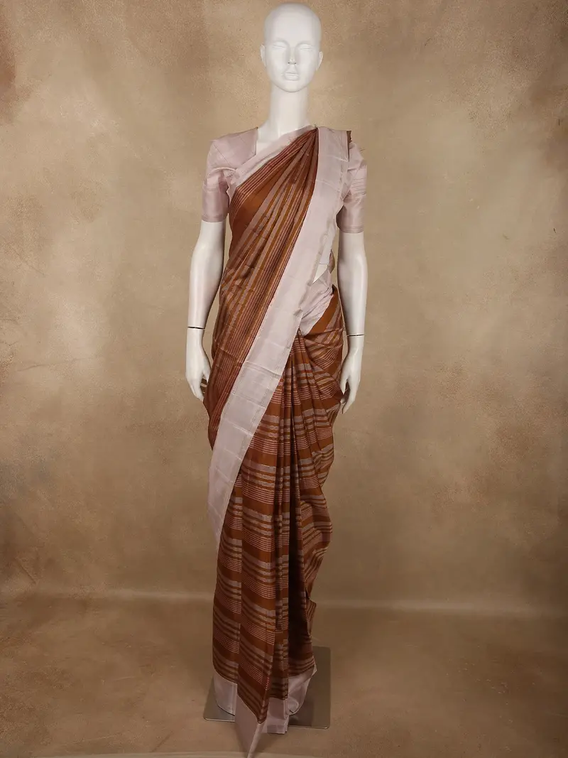 Warm Cinnamon Brown And Soft Ivory Cream Striped Woven Design Pure Kanchipuram Silk Saree With Zari Border 1
