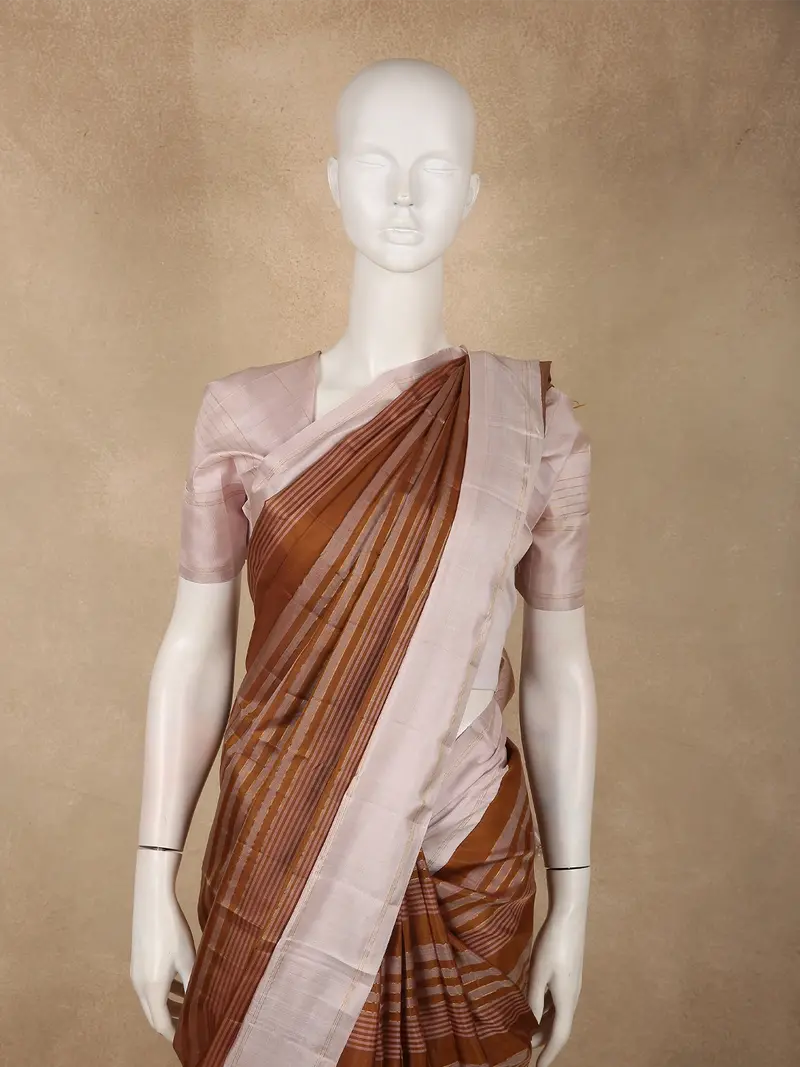 Warm Cinnamon Brown And Soft Ivory Cream Striped Woven Design Pure Kanchipuram Silk Saree With Zari Border 2