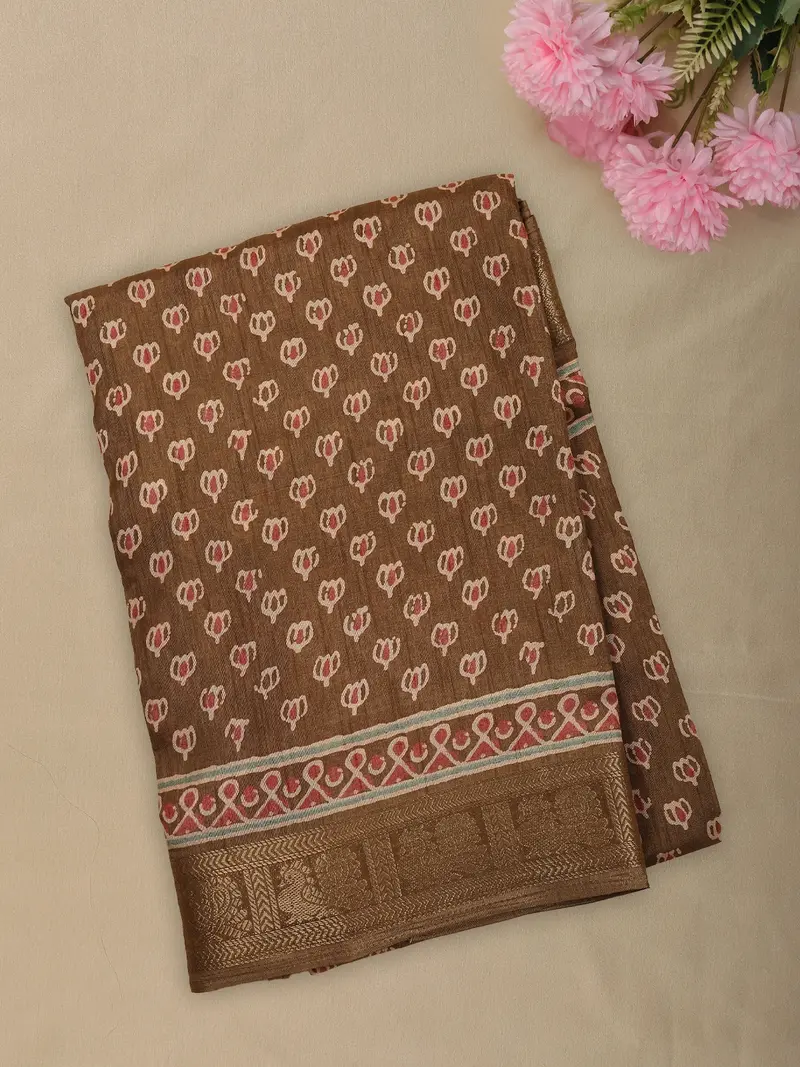 Warm Cocoa Brown Floral Butta Printed Design Mixed Cotton Saree 1