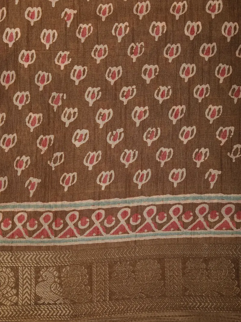 Warm Cocoa Brown Floral Butta Printed Design Mixed Cotton Saree 2