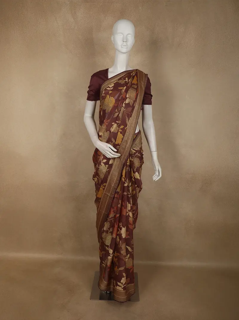 Warm Coffee Brown Floral Printed And Stone Embellished Design Chiffon Fancy Saree 1