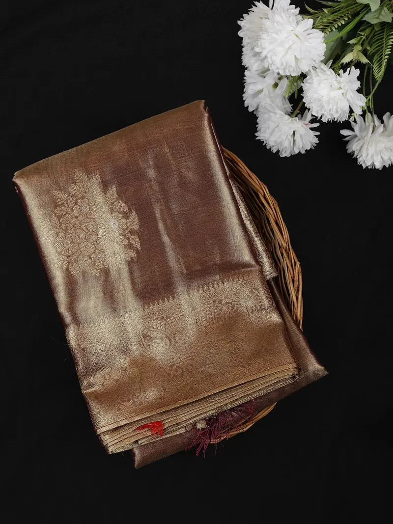 Warm Coffee Brown Floral Zari Woven Design Tissue Silk Fancy Saree With Zari Border 1