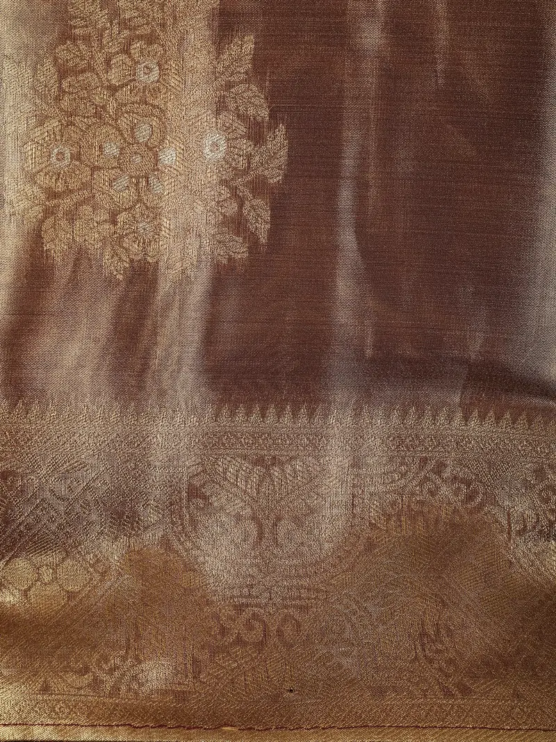Warm Coffee Brown Floral Zari Woven Design Tissue Silk Fancy Saree With Zari Border 2