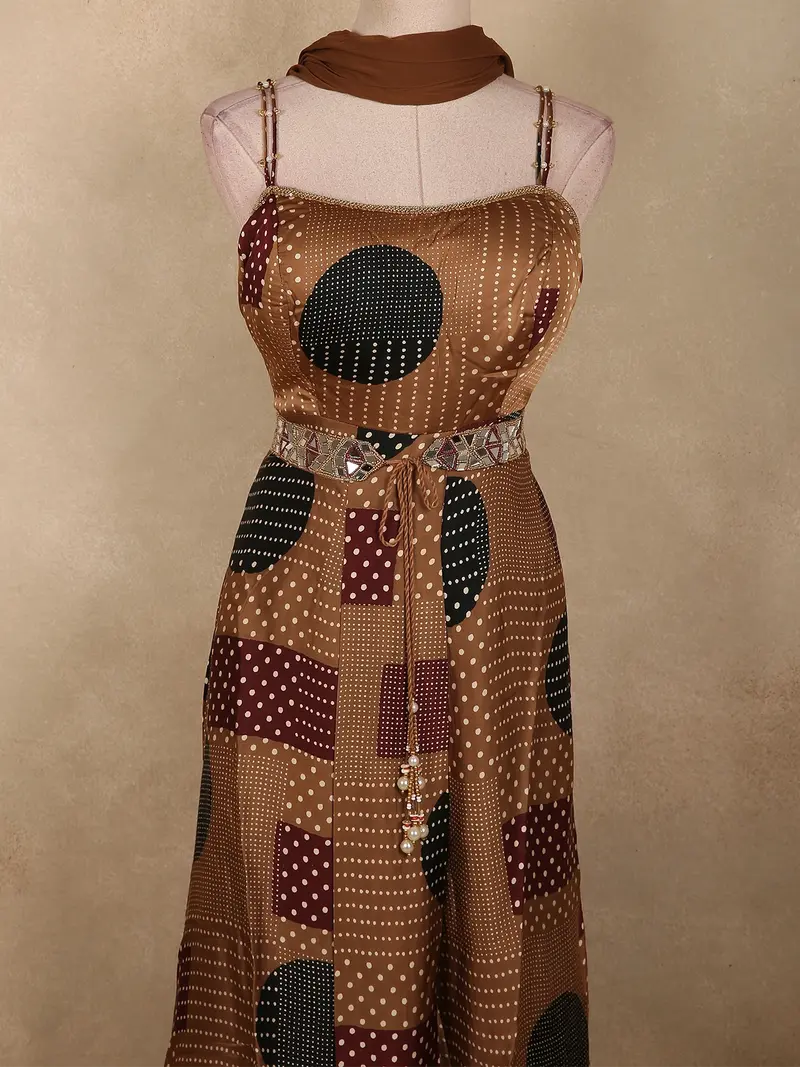 Warm Coffee Brown Geometric Printed Design Crepe Palazzo Suit With Dupatta 2