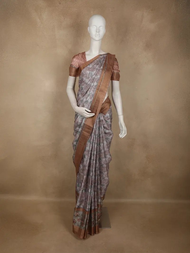 Warm Copper Brown Floral Printed Des Semi Tussar Saree 1
