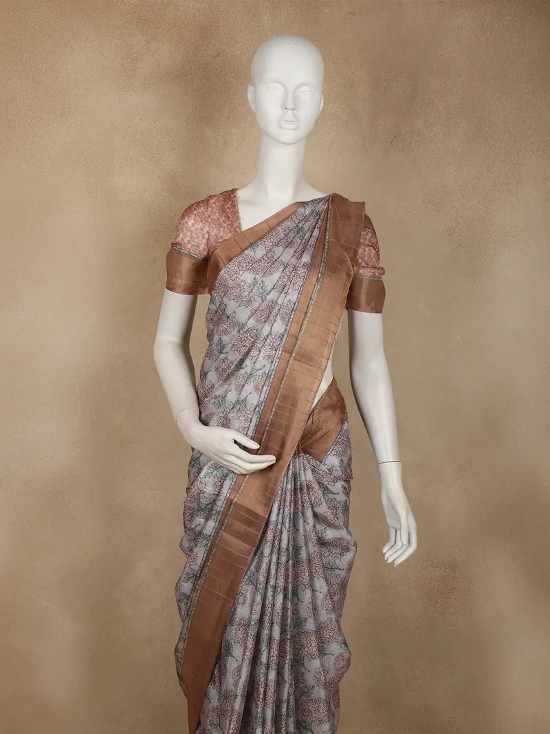 Warm Copper Brown Floral Printed Des Semi Tussar Saree 2