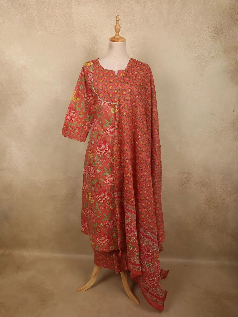Warm Coral Orange Floral Printed Design Cotton Salwar Suit With Dupatta 1