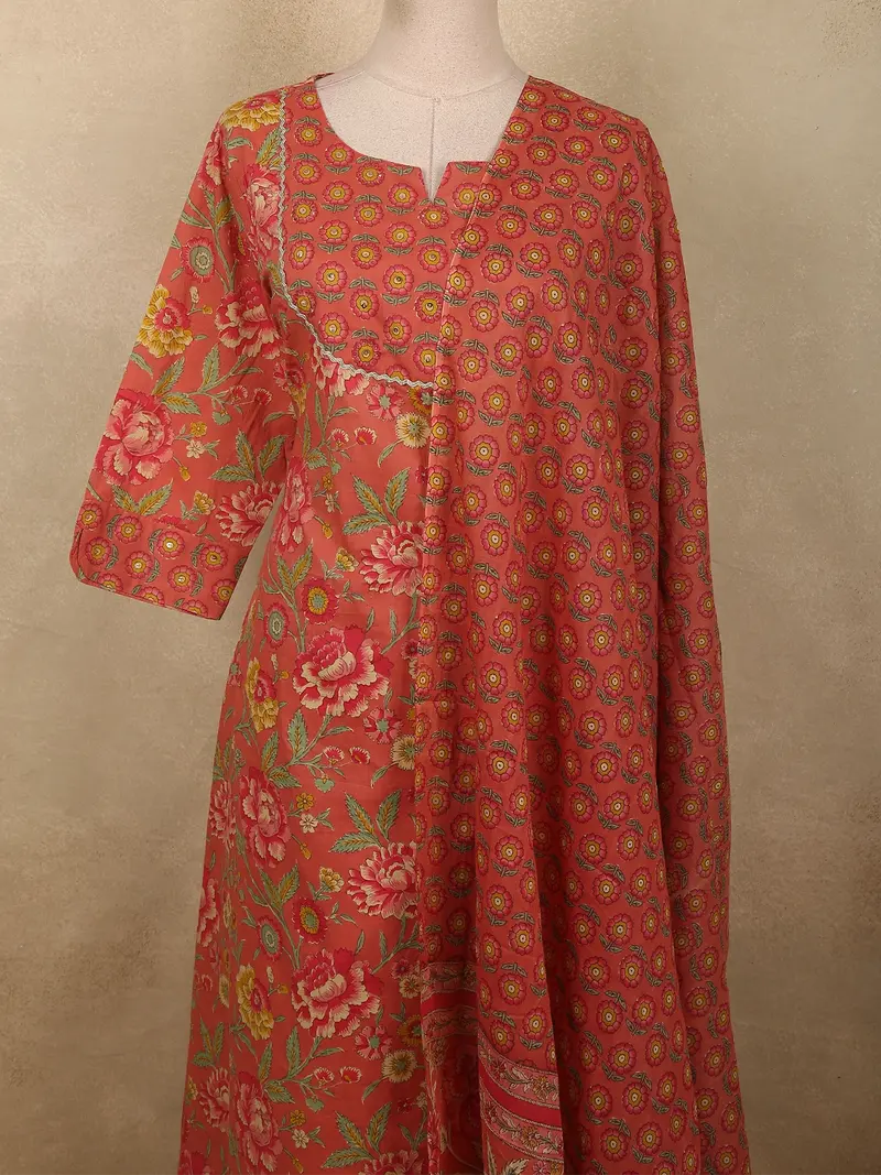 Warm Coral Orange Floral Printed Design Cotton Salwar Suit With Dupatta 2