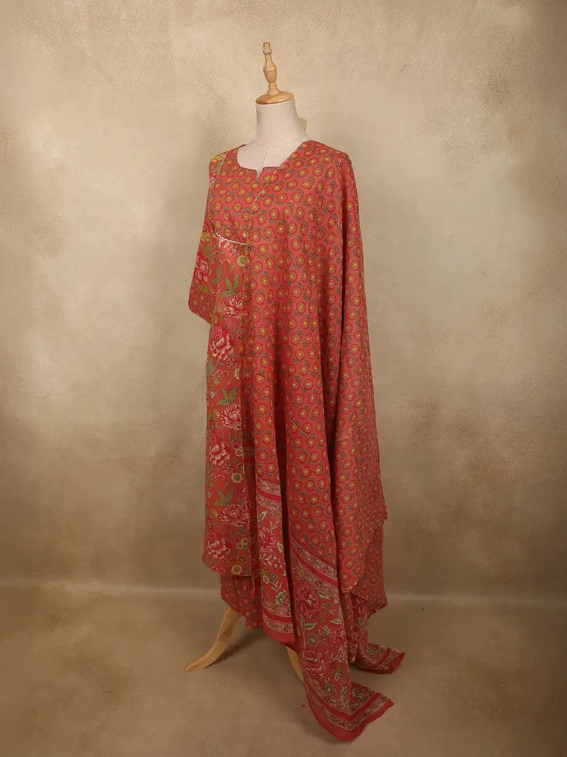 Warm Coral Orange Floral Printed Design Cotton Salwar Suit With Dupatta 3