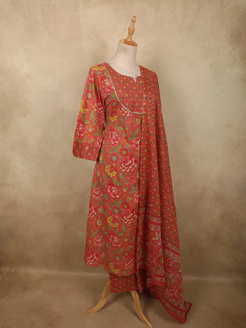 Warm Coral Orange Floral Printed Design Cotton Salwar Suit With Dupatta 4