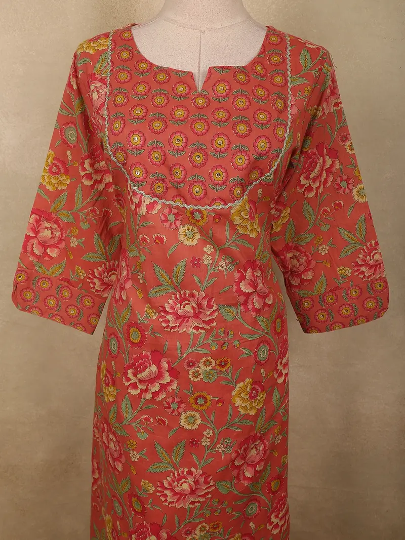 Warm Coral Orange Floral Printed Design Cotton Salwar Suit With Dupatta 5