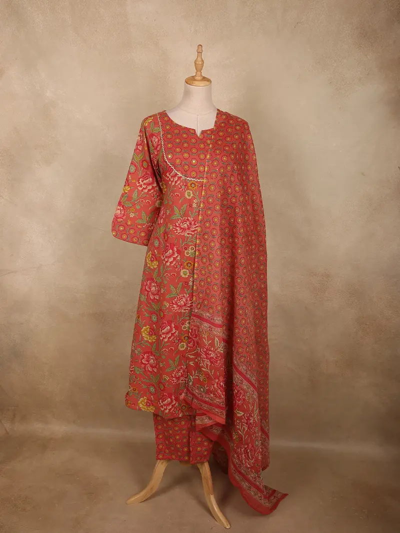 Warm Coral Red Floral Printed Design Cotton Salwar Suit With Dupatta 1