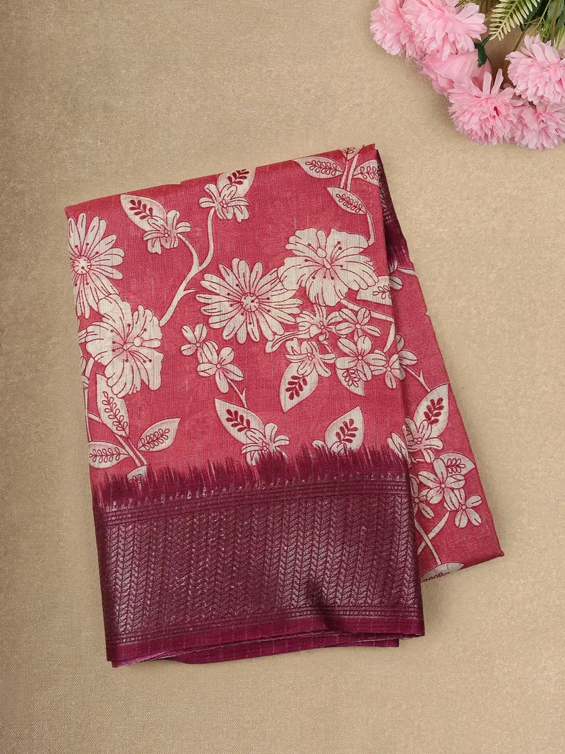 Warm Coral Rose Pink Floral Printed  Printed Design Mixed Cotton Saree With Contrast Zari Border 1
