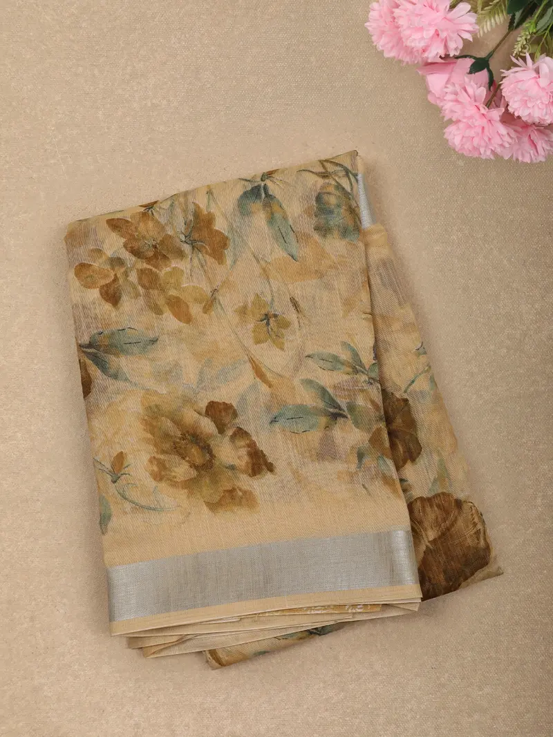 Warm Honey Mustard Yellow Floral Printed Design Linen Cotton Casual Wear Saree 1
