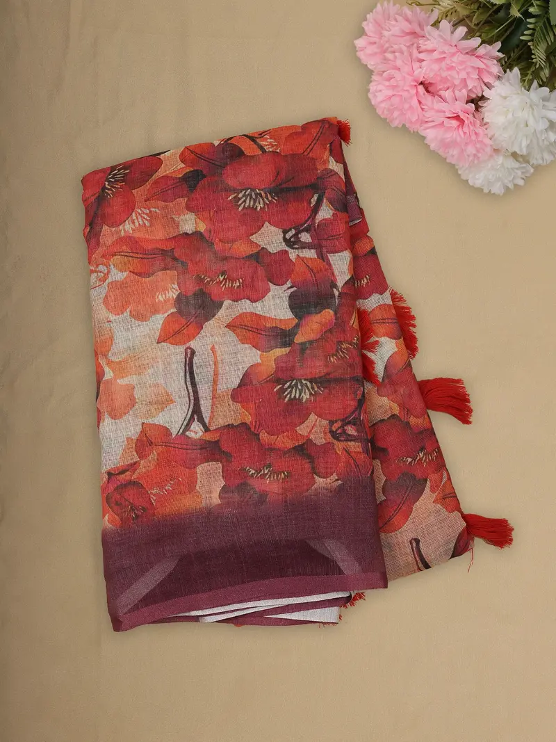 Warm Ivory Floral Printed Design Linen Cotton Saree 1