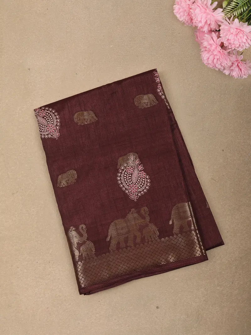 Warm Maroon Elephant Motif Zari Woven Design Mixed Cotton Saree 1