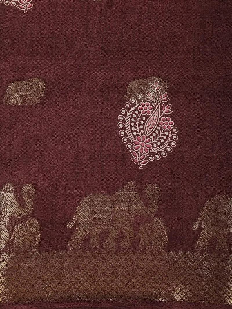 Warm Maroon Elephant Motif Zari Woven Design Mixed Cotton Saree 2