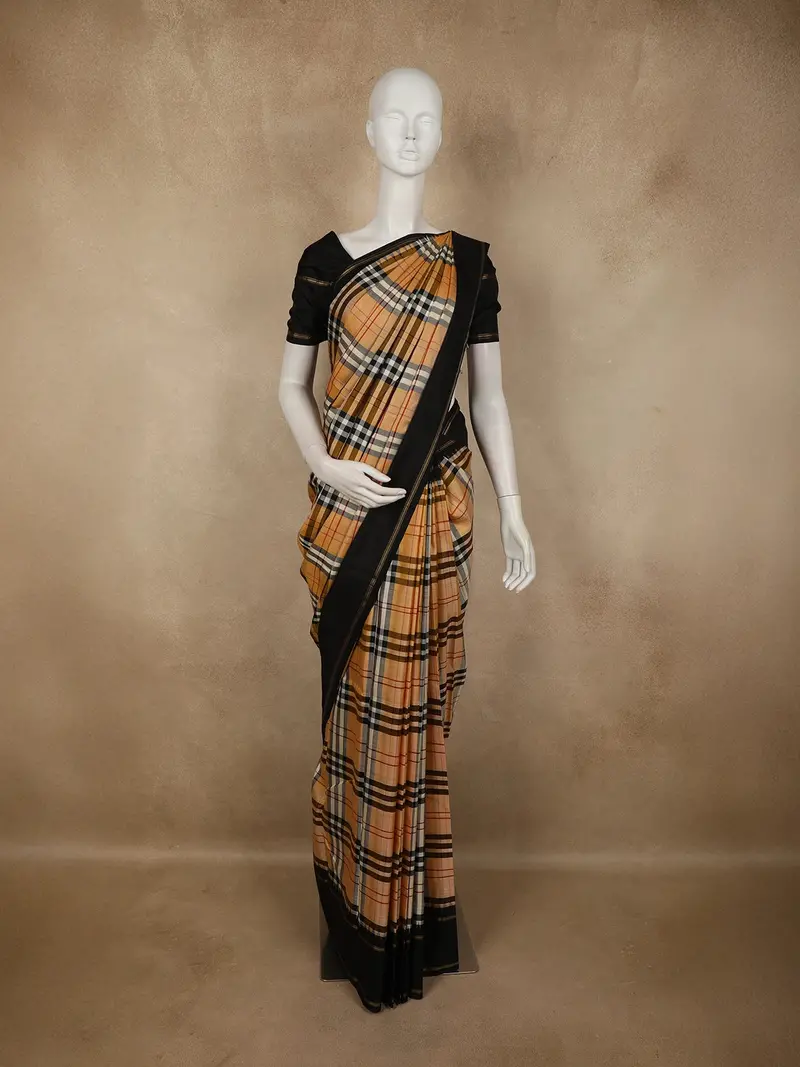 Warm Mustard Beige Checked Woven Design Pure Kanchipuram Silk Saree With Contrast Border 1