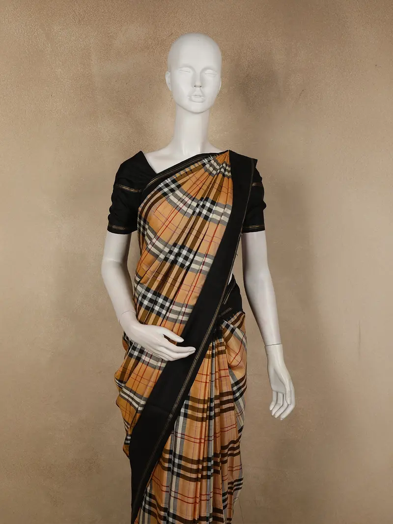 Warm Mustard Beige Checked Woven Design Pure Kanchipuram Silk Saree With Contrast Border 2