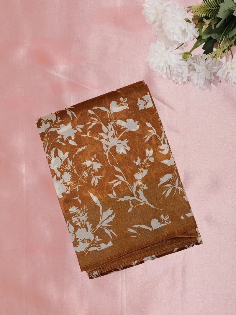 Warm Mustard Brown Leaf Printed Design Mixed Cotton Saree 1
