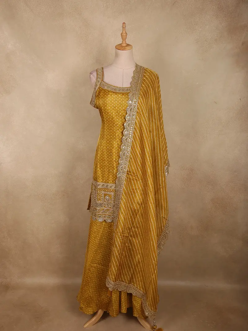 Warm Mustard Gold Butta Zari Woven Design Banarasi Silk Palazzo Suit With Dupatta 1