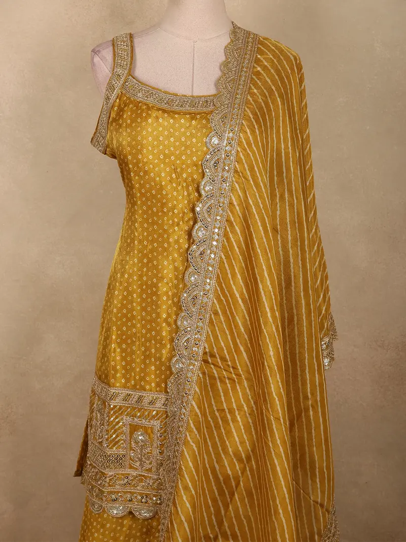 Warm Mustard Gold Butta Zari Woven Design Banarasi Silk Palazzo Suit With Dupatta 2