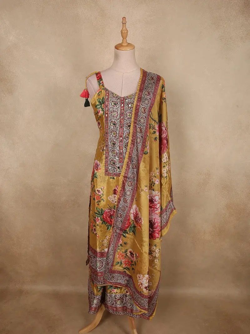 Warm Mustard Gold Floral Printed Design Crepe Palazzo Suit With Dupatta 1