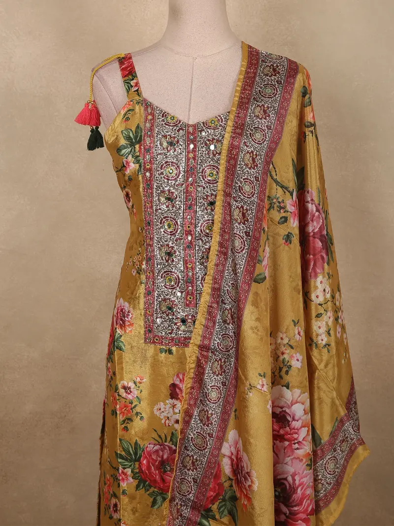 Warm Mustard Gold Floral Printed Design Crepe Palazzo Suit With Dupatta 2