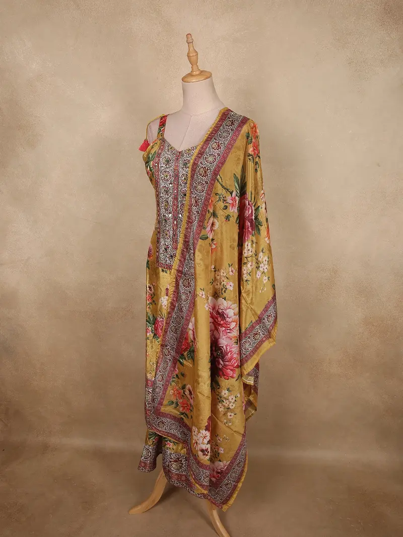Warm Mustard Gold Floral Printed Design Crepe Palazzo Suit With Dupatta 3