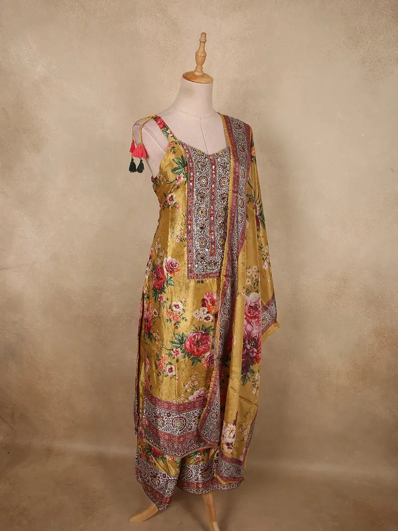 Warm Mustard Gold Floral Printed Design Crepe Palazzo Suit With Dupatta 4